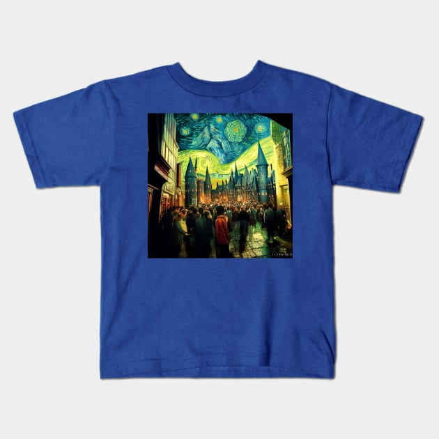 Starry Night in Diagon Alley Kids T-Shirt by Grassroots Green